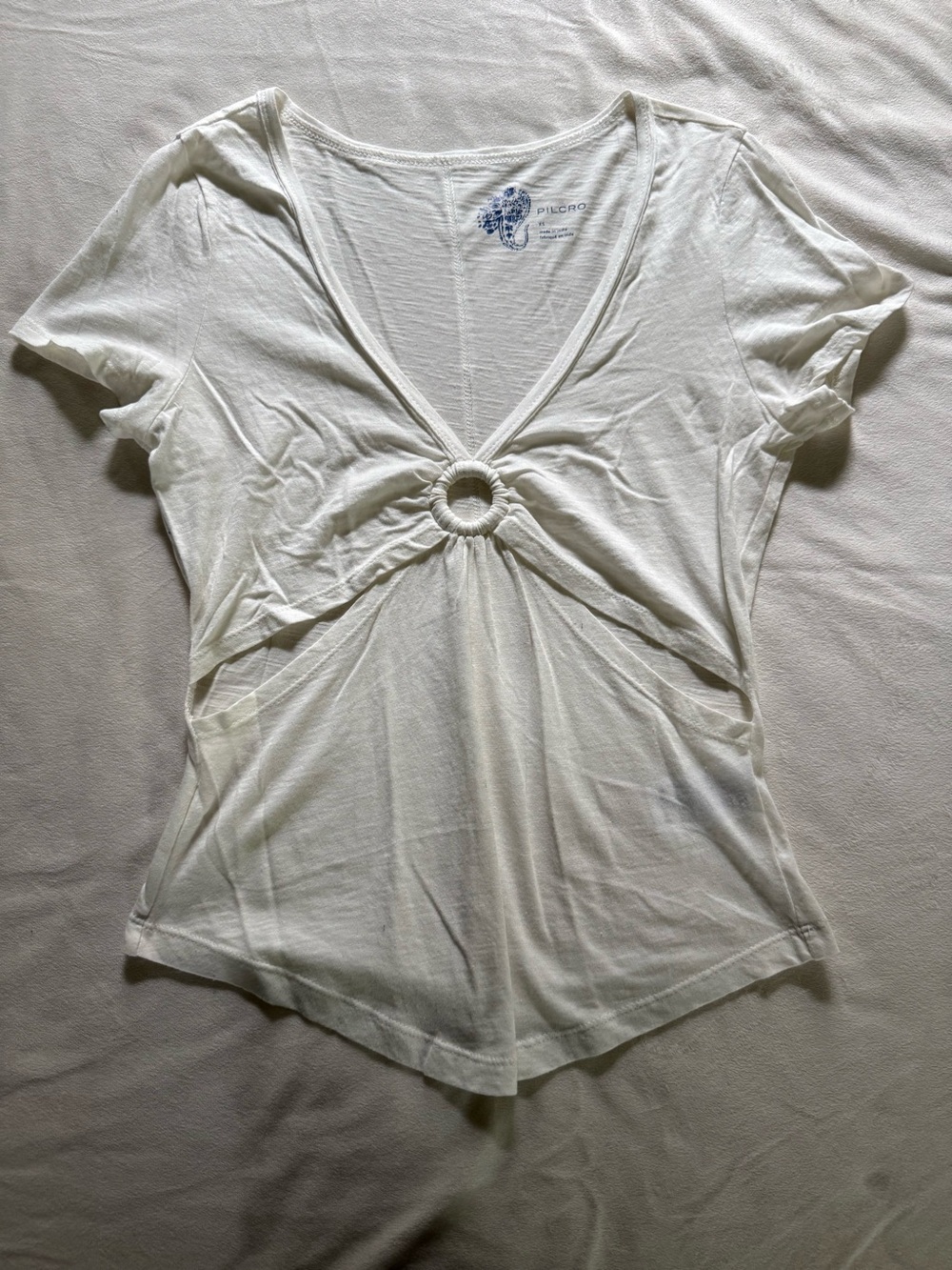 Pilcro White Ring-Front V-Neck Short Sleeve Top